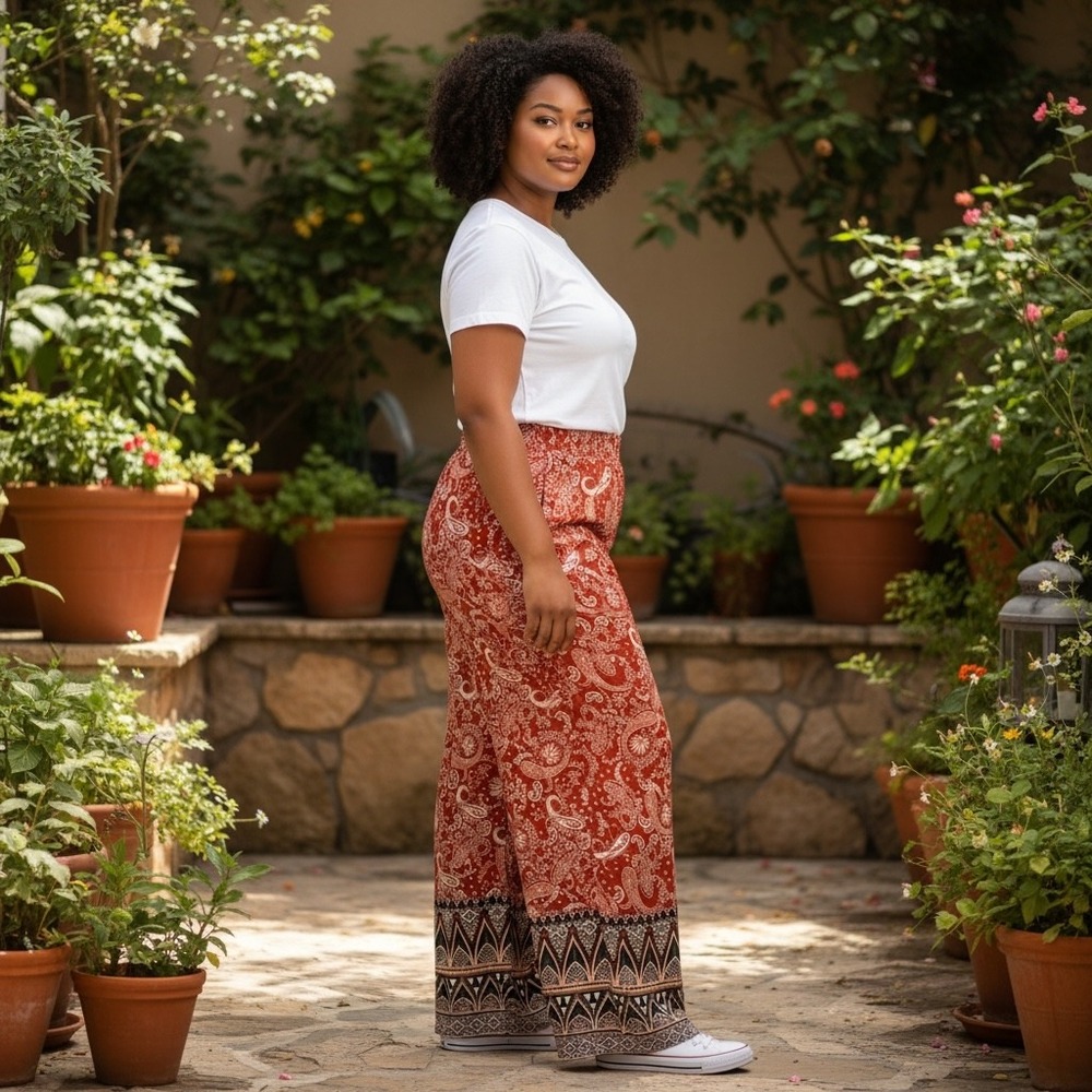 SHEIN Curve Women's 3XL Rust Paisley Wide Leg Boho Palazzo Pants with Raw Hem
